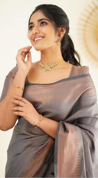 Mayawye Women's Litchi silk Printed Saree With Unstitched Blouse (Grey)
