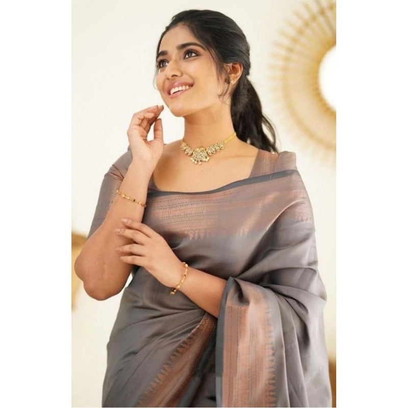 Mayawye Women's Litchi silk Printed Saree With Unstitched Blouse (Grey)
