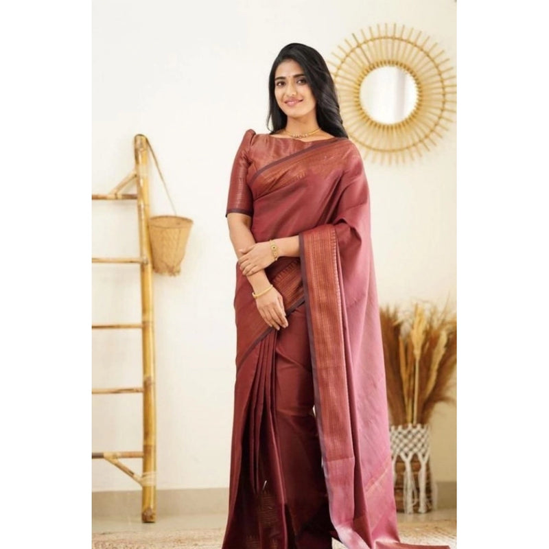 Mayawye Women's Litchi silk Printed Saree With Unstitched Blouse (Maroon)