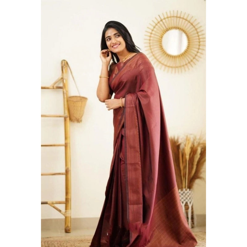 Mayawye Women's Litchi silk Printed Saree With Unstitched Blouse (Maroon)