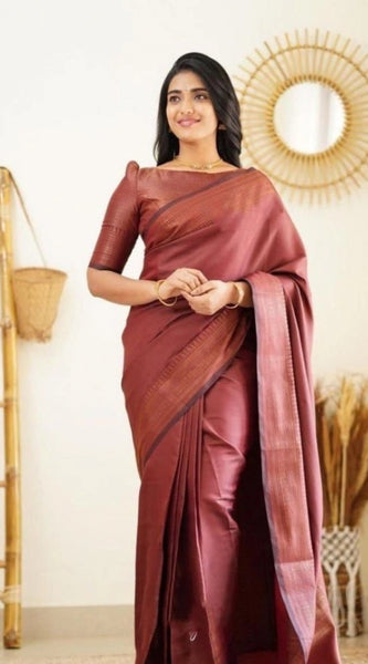 Mayawye Women's Litchi silk Printed Saree With Unstitched Blouse (Maroon)