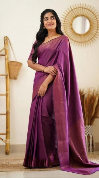 Mayawye Women's Litchi silk Printed Saree With Unstitched Blouse (Purple)