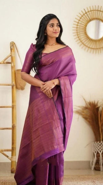 Mayawye Women's Litchi silk Printed Saree With Unstitched Blouse (Purple)