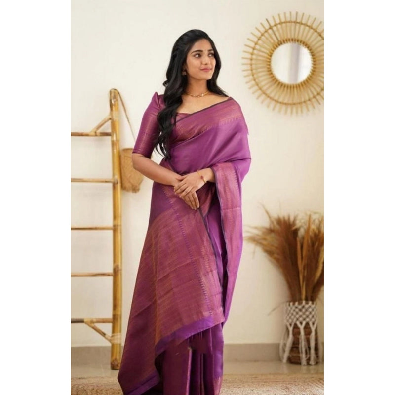 Mayawye Women's Litchi silk Printed Saree With Unstitched Blouse (Purple)