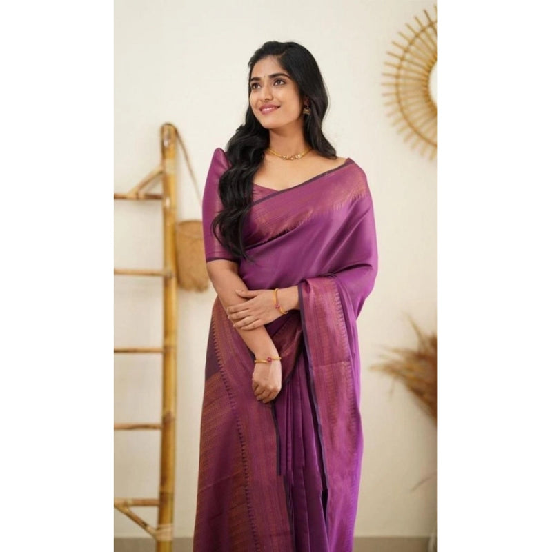 Mayawye Women's Litchi silk Printed Saree With Unstitched Blouse (Purple)