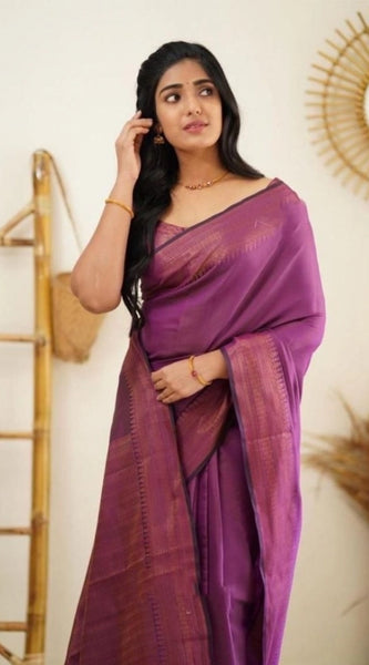 Mayawye Women's Litchi silk Printed Saree With Unstitched Blouse (Purple)