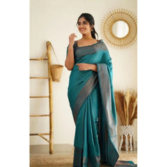 Mayawye Women's Litchi silk Printed Saree With Unstitched Blouse (Rama Blue)
