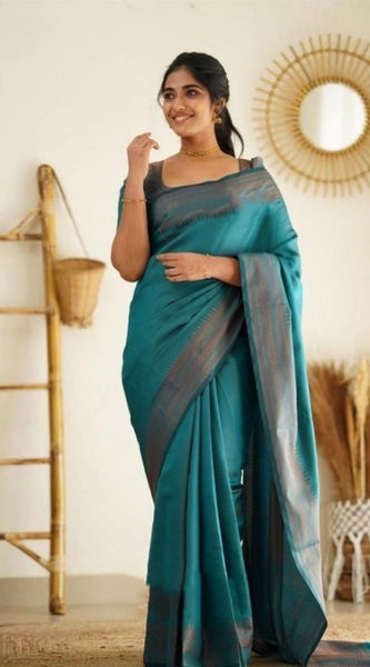 Mayawye Women's Litchi silk Printed Saree With Unstitched Blouse (Rama Blue)