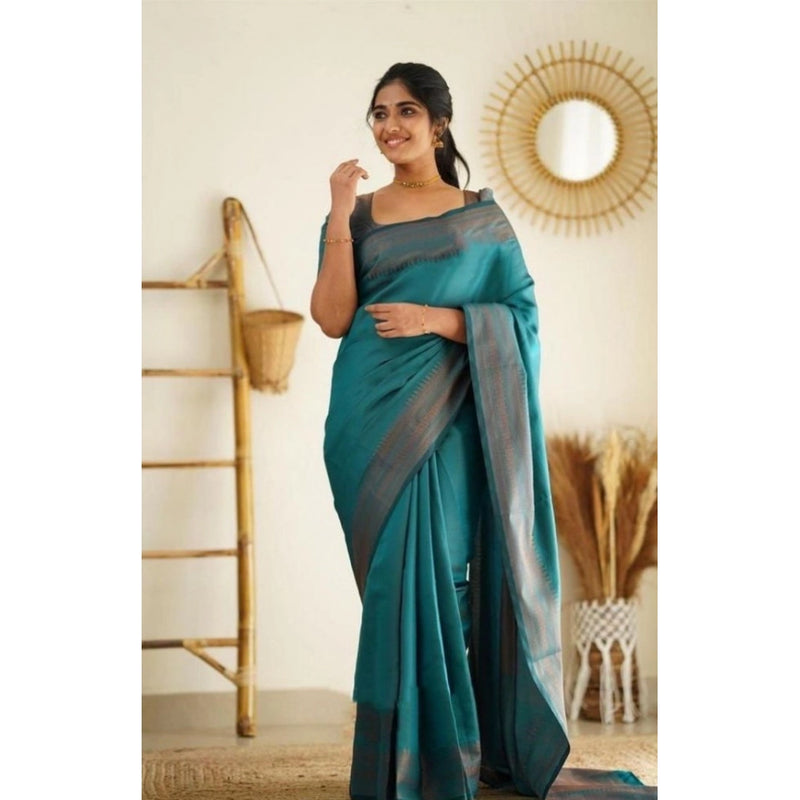 Mayawye Women's Litchi silk Printed Saree With Unstitched Blouse (Rama Blue)