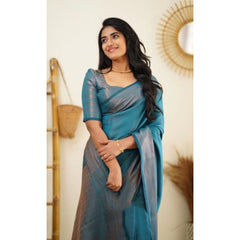 Mayawye Women's Litchi silk Printed Saree With Unstitched Blouse (Rama Blue)