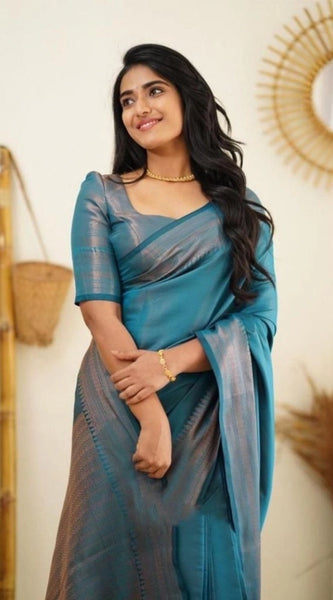 Mayawye Women's Litchi silk Printed Saree With Unstitched Blouse (Rama Blue)