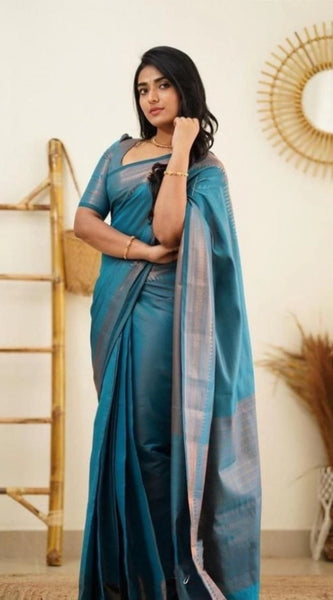 Mayawye Women's Litchi silk Printed Saree With Unstitched Blouse (Rama Blue)