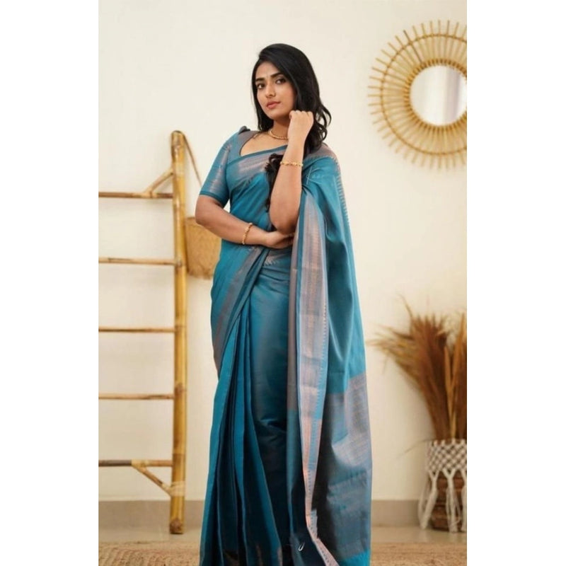 Mayawye Women's Litchi silk Printed Saree With Unstitched Blouse (Rama Blue)