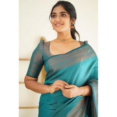 Mayawye Women's Litchi silk Printed Saree With Unstitched Blouse (Rama Blue)