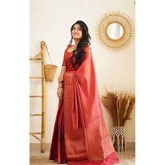 Mayawye Women's Litchi silk Printed Saree With Unstitched Blouse (Red)