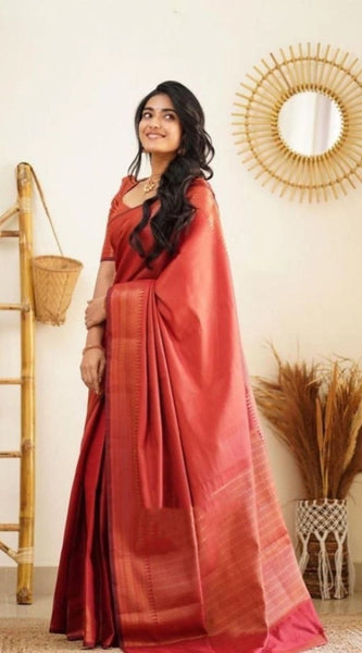 Mayawye Women's Litchi silk Printed Saree With Unstitched Blouse (Red)