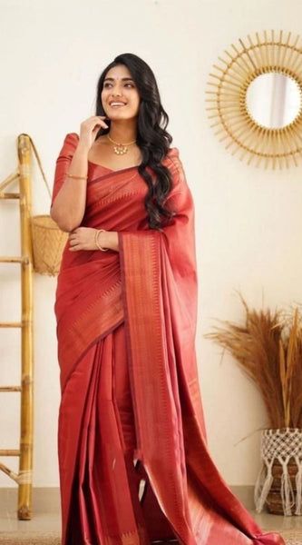 Mayawye Women's Litchi silk Printed Saree With Unstitched Blouse (Red)