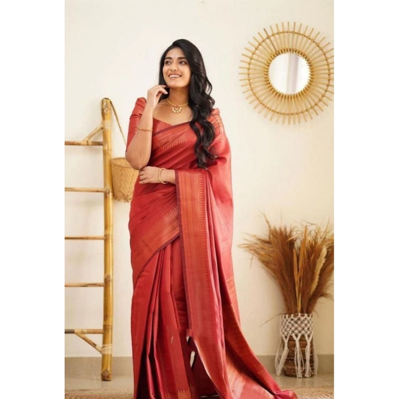 Mayawye Women's Litchi silk Printed Saree With Unstitched Blouse (Red)