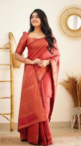 Mayawye Women's Litchi silk Printed Saree With Unstitched Blouse (Red)