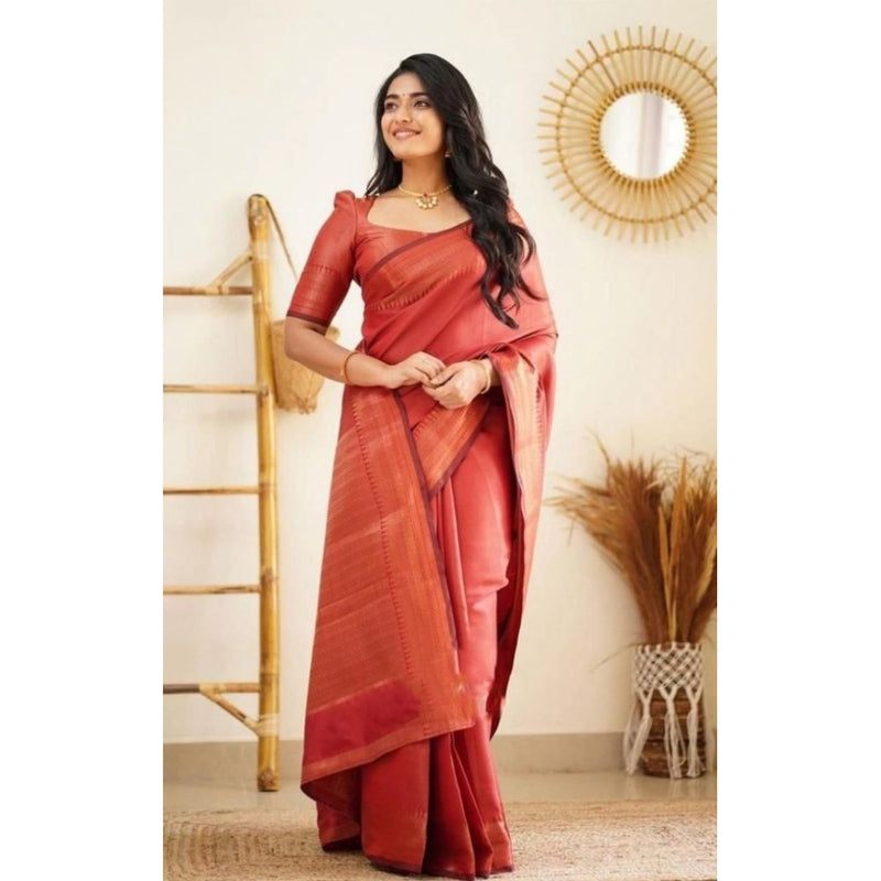 Mayawye Women's Litchi silk Printed Saree With Unstitched Blouse (Red)