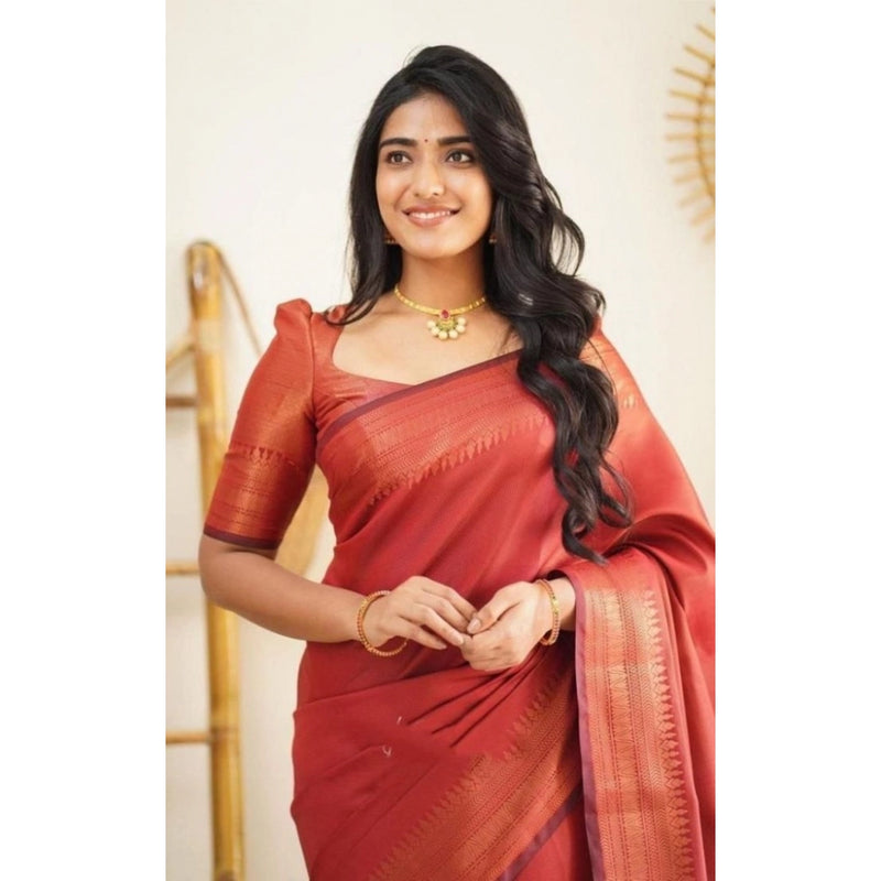 Mayawye Women's Litchi silk Printed Saree With Unstitched Blouse (Red)