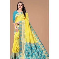 Mayawye Women's Litchi silk Printed Saree With Unstitched Blouse (Yellow)