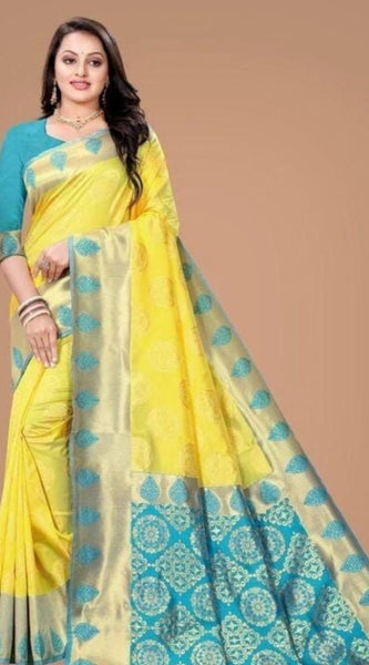 Mayawye Women's Litchi silk Printed Saree With Unstitched Blouse (Yellow)