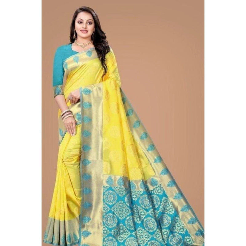 Mayawye Women's Litchi silk Printed Saree With Unstitched Blouse (Yellow)