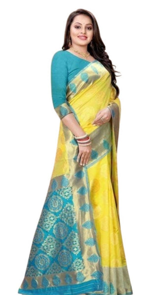 Mayawye Women's Litchi silk Printed Saree With Unstitched Blouse (Yellow)
