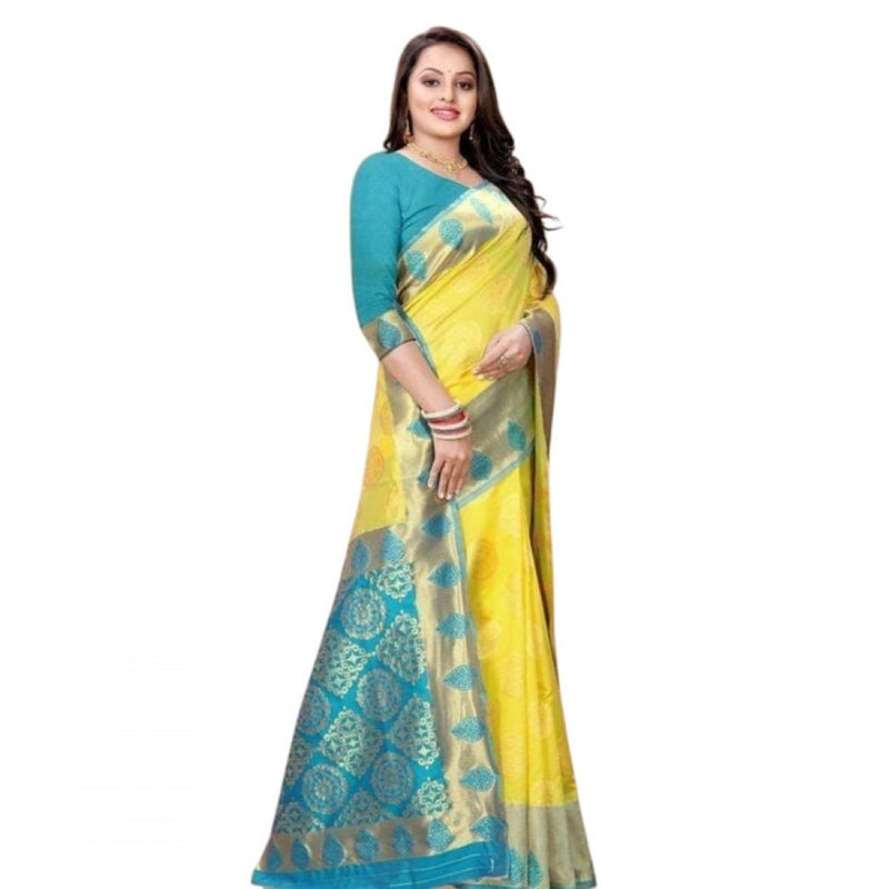 Mayawye Women's Litchi silk Printed Saree With Unstitched Blouse (Yellow)