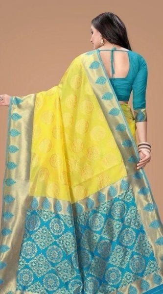 Mayawye Women's Litchi silk Printed Saree With Unstitched Blouse (Yellow)
