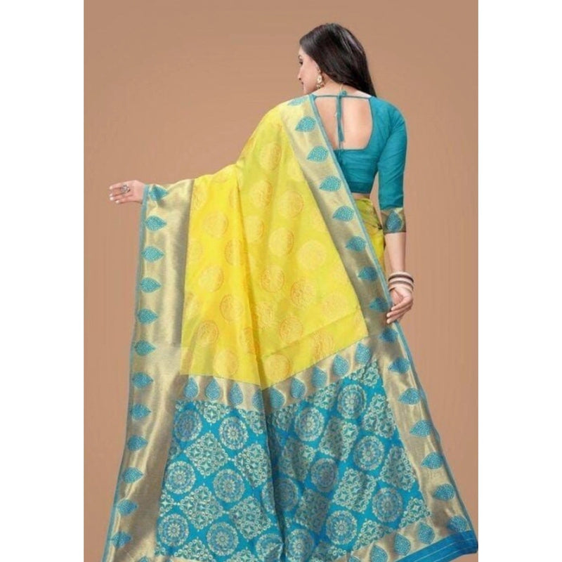 Mayawye Women's Litchi silk Printed Saree With Unstitched Blouse (Yellow)