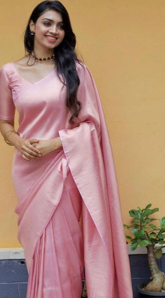 Mayawye Women's Litchi silk Printed Saree With Unstitched Blouse (Light Pink)