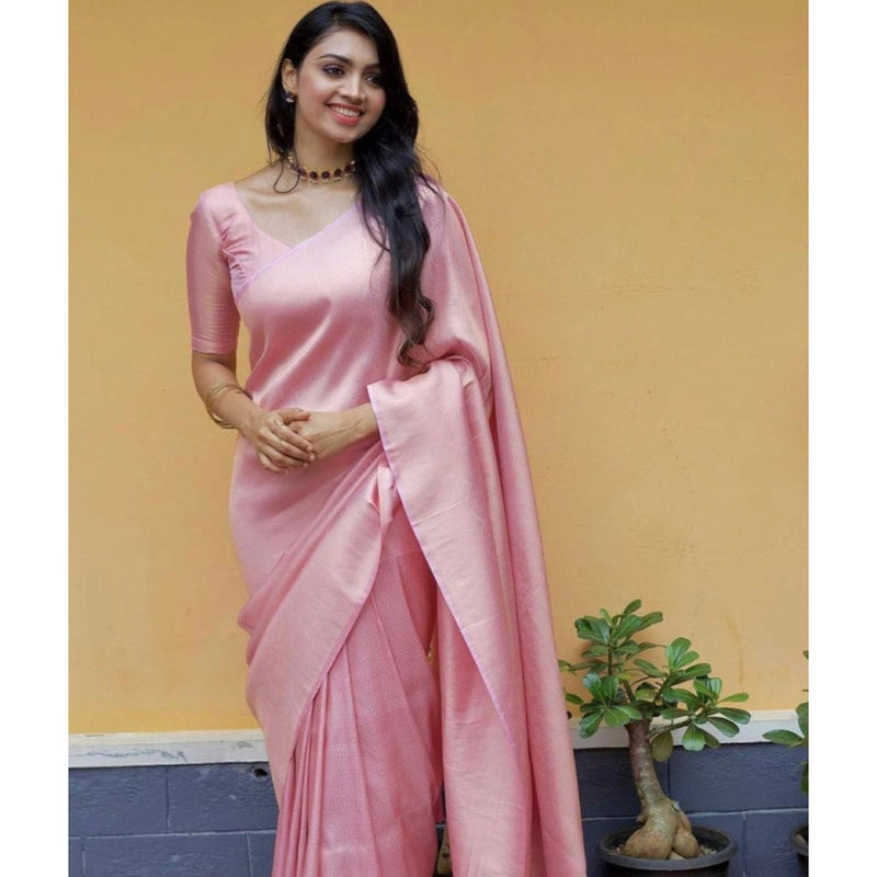 Mayawye Women's Litchi silk Printed Saree With Unstitched Blouse (Light Pink)