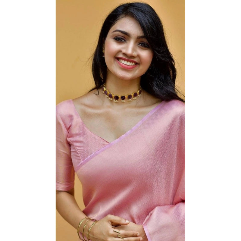 Mayawye Women's Litchi silk Printed Saree With Unstitched Blouse (Light Pink)
