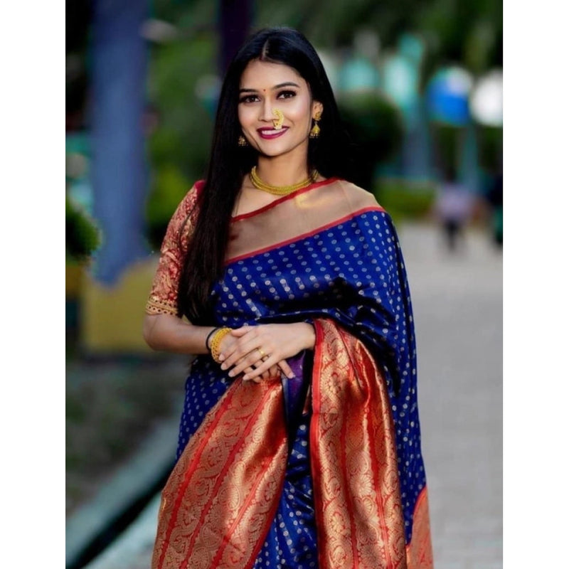Mayawye Women's Litchi silk Printed Saree With Unstitched Blouse (Blue)