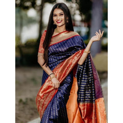 Mayawye Women's Litchi silk Printed Saree With Unstitched Blouse (Blue)