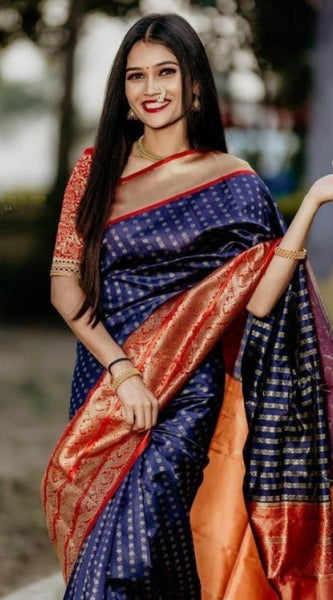 Mayawye Women's Litchi silk Printed Saree With Unstitched Blouse (Blue)