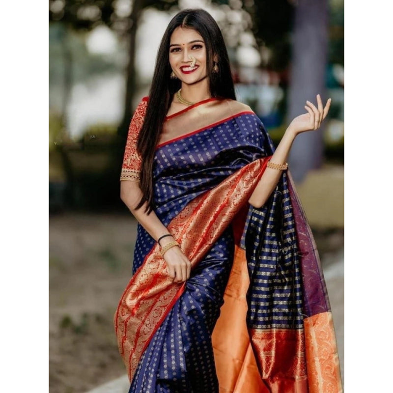 Mayawye Women's Litchi silk Printed Saree With Unstitched Blouse (Blue)