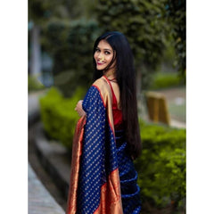 Mayawye Women's Litchi silk Printed Saree With Unstitched Blouse (Blue)