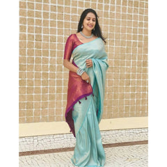 Mayawye Women's Litchi silk Printed Saree With Unstitched Blouse (Blue)