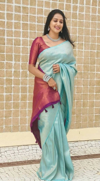 Mayawye Women's Litchi silk Printed Saree With Unstitched Blouse (Blue)