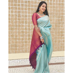 Mayawye Women's Litchi silk Printed Saree With Unstitched Blouse (Blue)
