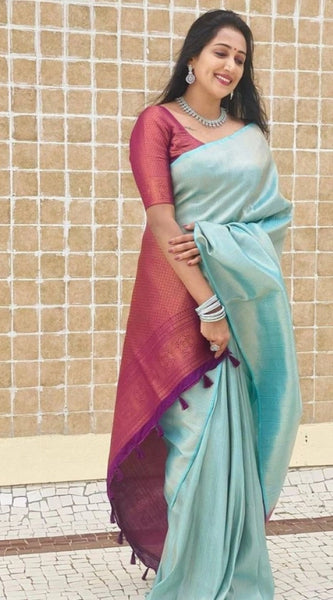 Mayawye Women's Litchi silk Printed Saree With Unstitched Blouse (Blue)