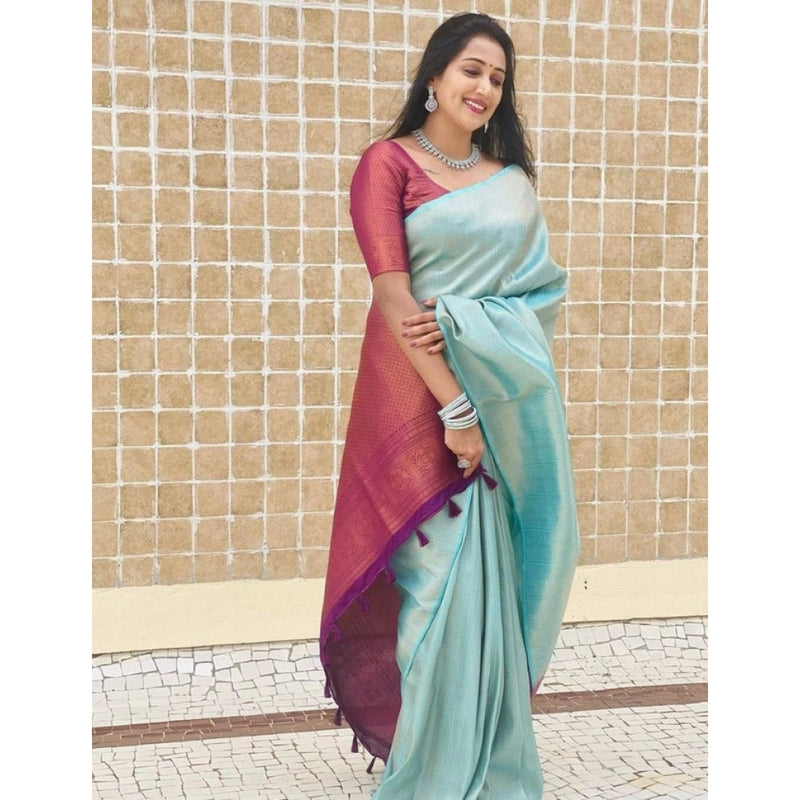 Mayawye Women's Litchi silk Printed Saree With Unstitched Blouse (Blue)