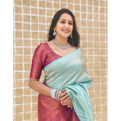 Mayawye Women's Litchi silk Printed Saree With Unstitched Blouse (Blue)