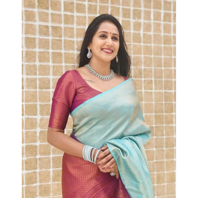 Mayawye Women's Litchi silk Printed Saree With Unstitched Blouse (Blue)