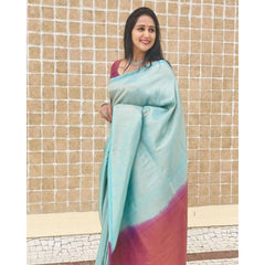 Mayawye Women's Litchi silk Printed Saree With Unstitched Blouse (Blue)