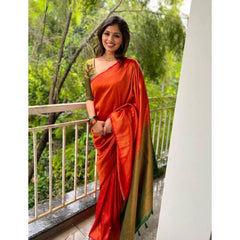 Mayawye Women's Litchi silk Printed Saree With Unstitched Blouse (Red)
