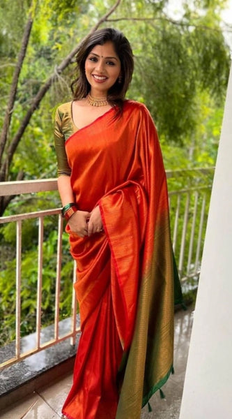Mayawye Women's Litchi silk Printed Saree With Unstitched Blouse (Red)